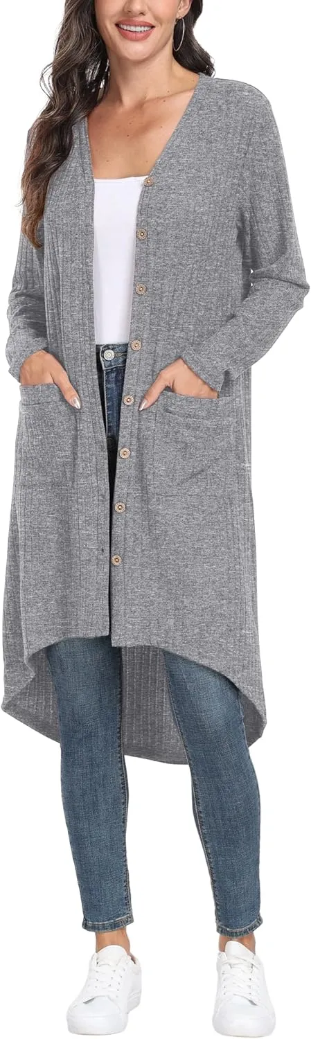 GRECERELLE Womens Cardigans Lightweight 2025 Long Sleeve Button Down Duster Casual Long Cardigan Outerwear with Pockets