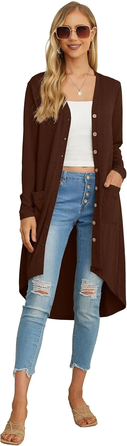 GRECERELLE Womens Cardigans Lightweight 2025 Long Sleeve Button Down Duster Casual Long Cardigan Outerwear with Pockets