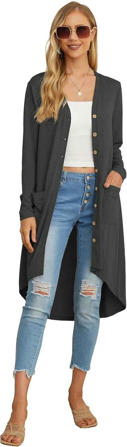 GRECERELLE Womens Cardigans Lightweight 2025 Long Sleeve Button Down Duster Casual Long Cardigan Outerwear with Pockets