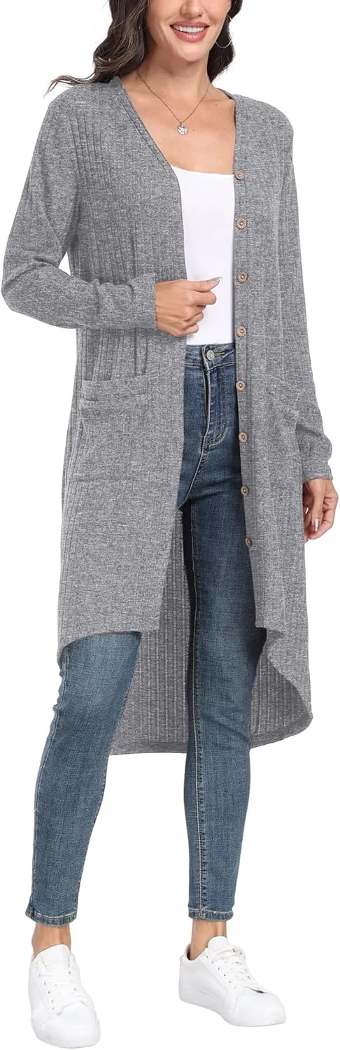 GRECERELLE Womens Cardigans Lightweight 2025 Long Sleeve Button Down Duster Casual Long Cardigan Outerwear with Pockets