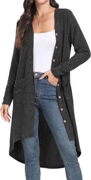 GRECERELLE Womens Cardigans Lightweight 2025 Long Sleeve Button Down Duster Casual Long Cardigan Outerwear with Pockets
