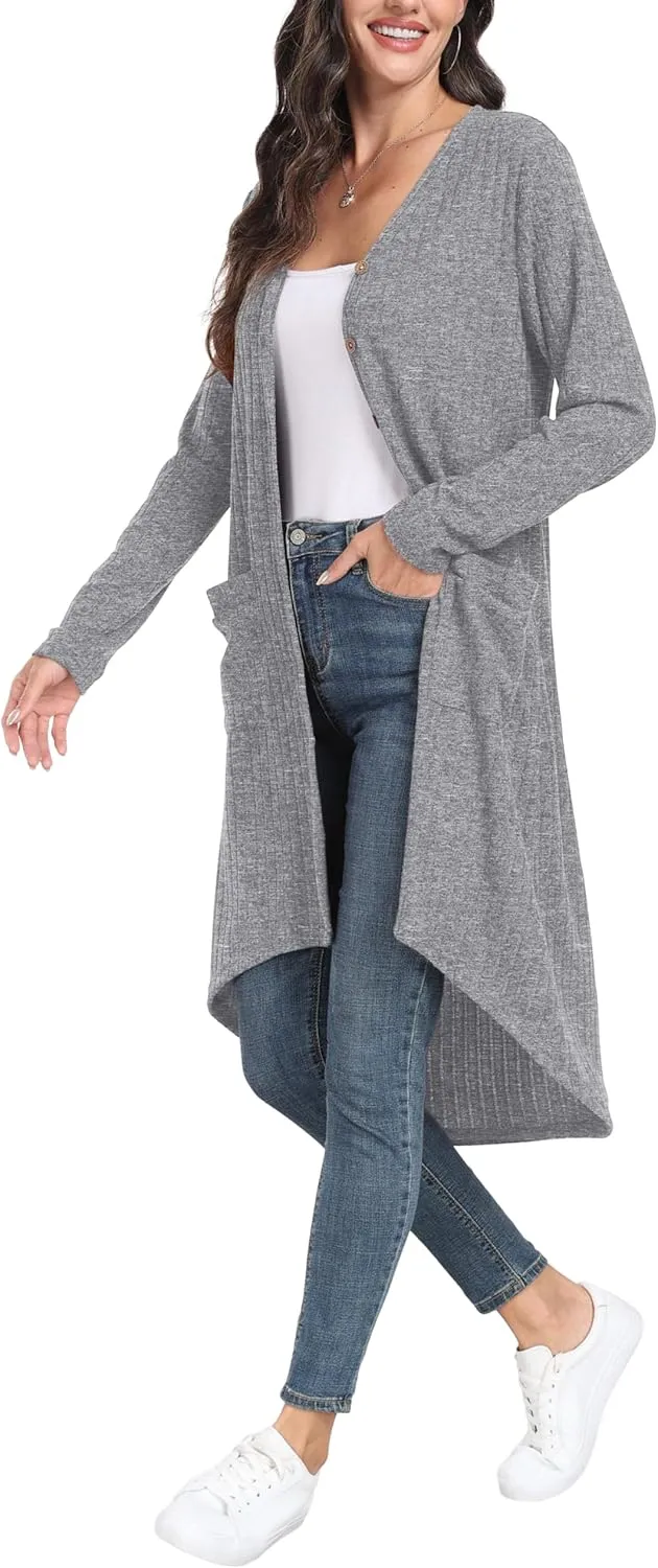 GRECERELLE Womens Cardigans Lightweight 2025 Long Sleeve Button Down Duster Casual Long Cardigan Outerwear with Pockets