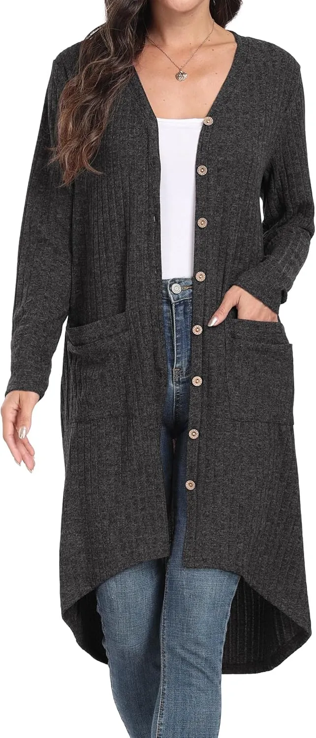 GRECERELLE Womens Cardigans Lightweight 2025 Long Sleeve Button Down Duster Casual Long Cardigan Outerwear with Pockets