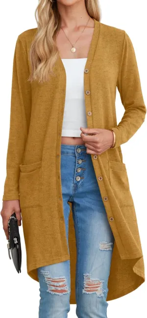 GRECERELLE Womens Cardigans Lightweight 2025 Long Sleeve Button Down Duster Casual Long Cardigan Outerwear with Pockets