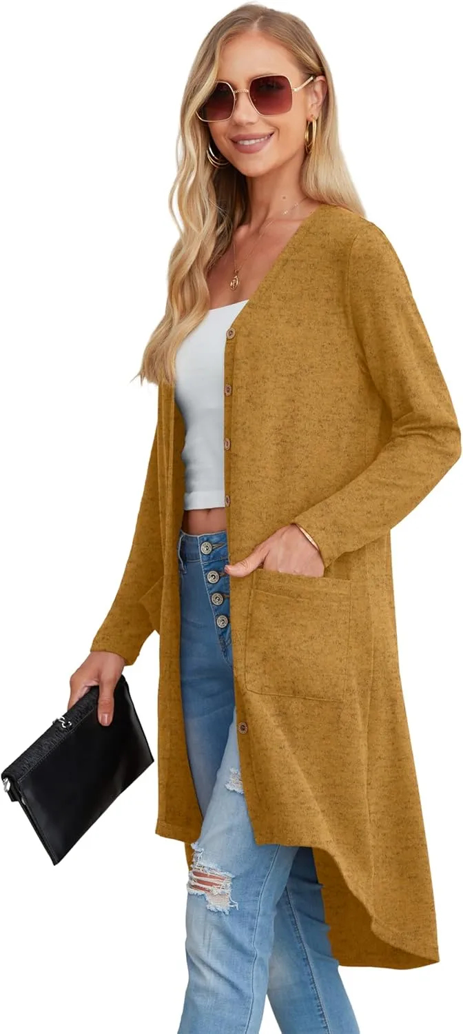 GRECERELLE Womens Cardigans Lightweight 2025 Long Sleeve Button Down Duster Casual Long Cardigan Outerwear with Pockets