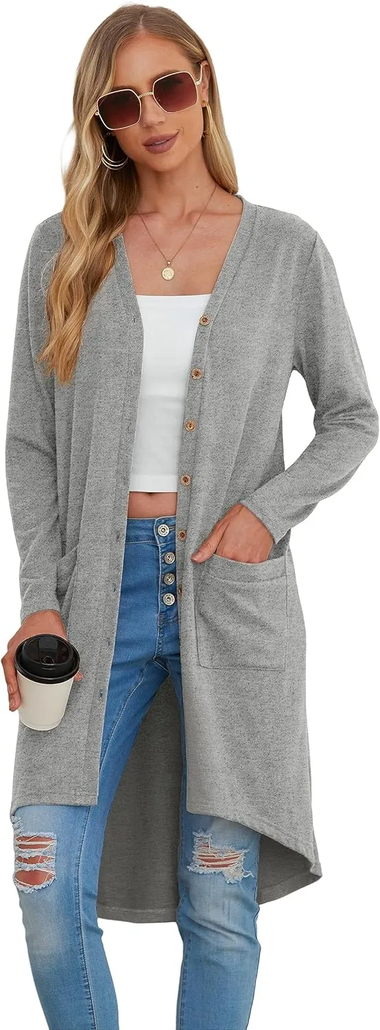 GRECERELLE Womens Cardigans Lightweight 2025 Long Sleeve Button Down Duster Casual Long Cardigan Outerwear with Pockets