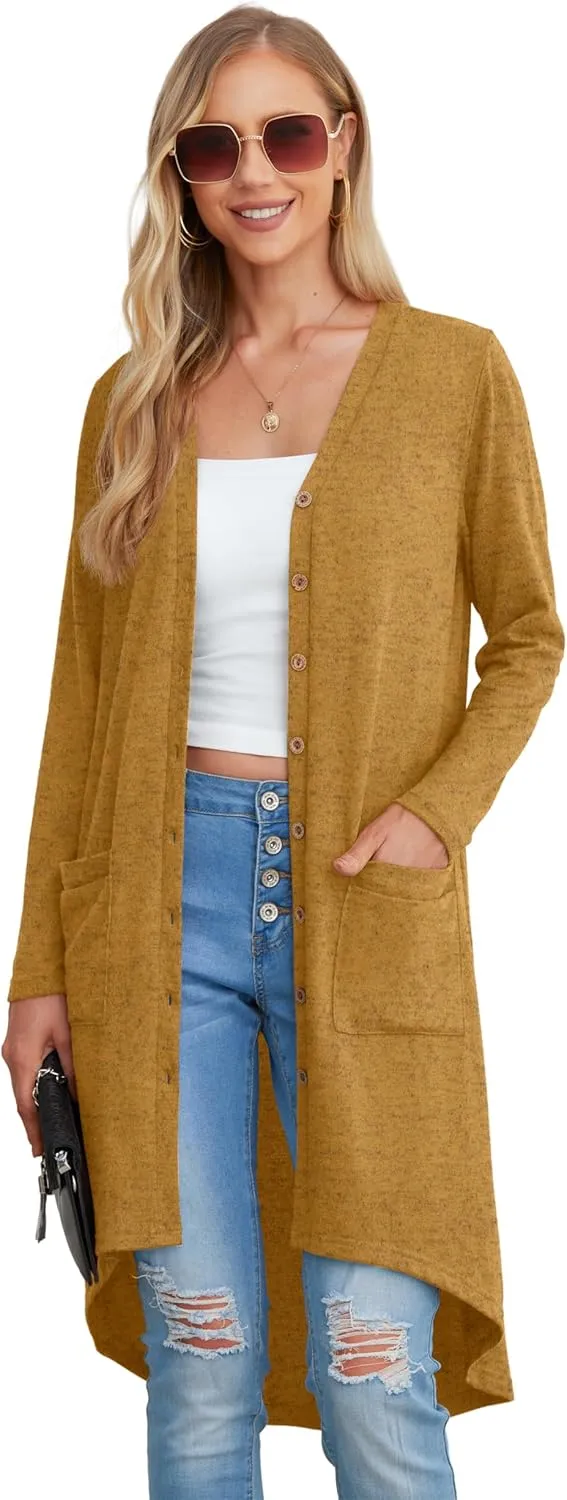 GRECERELLE Womens Cardigans Lightweight 2025 Long Sleeve Button Down Duster Casual Long Cardigan Outerwear with Pockets