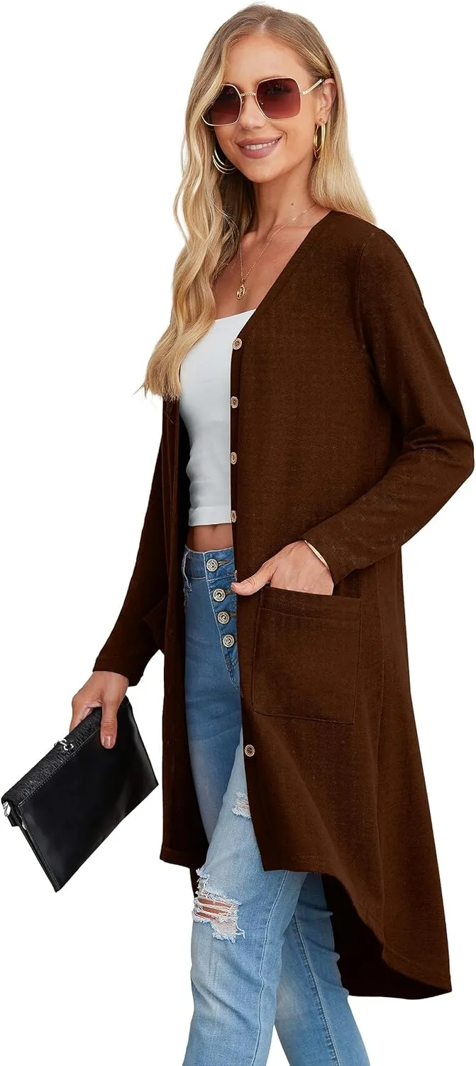 GRECERELLE Womens Cardigans Lightweight 2025 Long Sleeve Button Down Duster Casual Long Cardigan Outerwear with Pockets