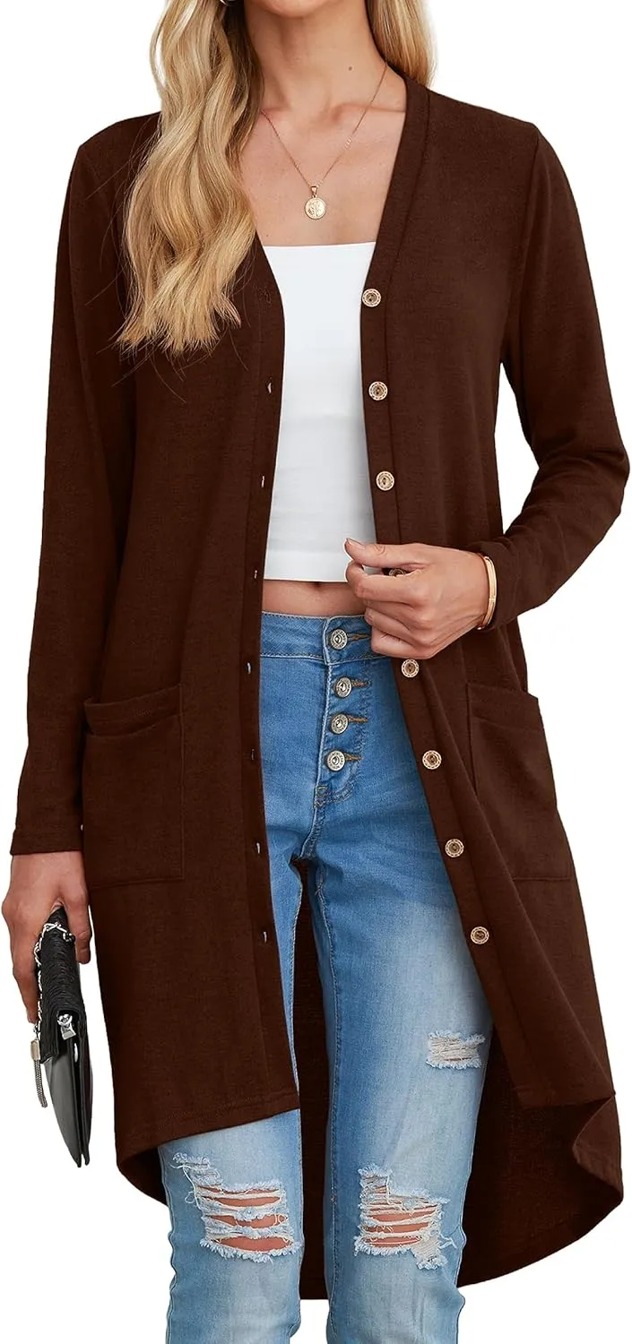 GRECERELLE Womens Cardigans Lightweight 2025 Long Sleeve Button Down Duster Casual Long Cardigan Outerwear with Pockets