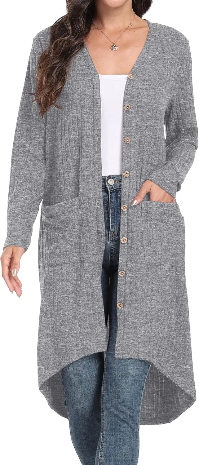 GRECERELLE Womens Cardigans Lightweight 2025 Long Sleeve Button Down Duster Casual Long Cardigan Outerwear with Pockets