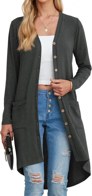 GRECERELLE Womens Cardigans Lightweight 2025 Long Sleeve Button Down Duster Casual Long Cardigan Outerwear with Pockets