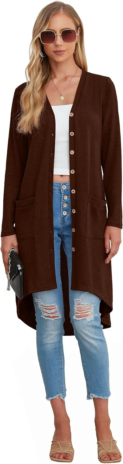 GRECERELLE Womens Cardigans Lightweight 2025 Long Sleeve Button Down Duster Casual Long Cardigan Outerwear with Pockets