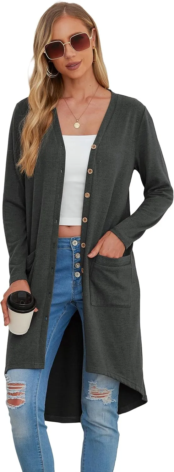 GRECERELLE Womens Cardigans Lightweight 2025 Long Sleeve Button Down Duster Casual Long Cardigan Outerwear with Pockets