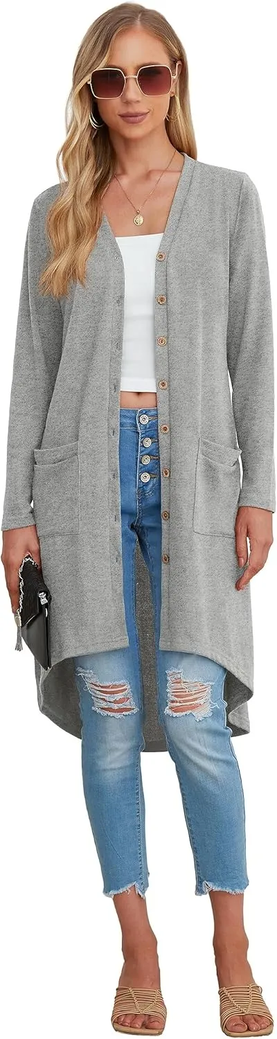 GRECERELLE Womens Cardigans Lightweight 2025 Long Sleeve Button Down Duster Casual Long Cardigan Outerwear with Pockets