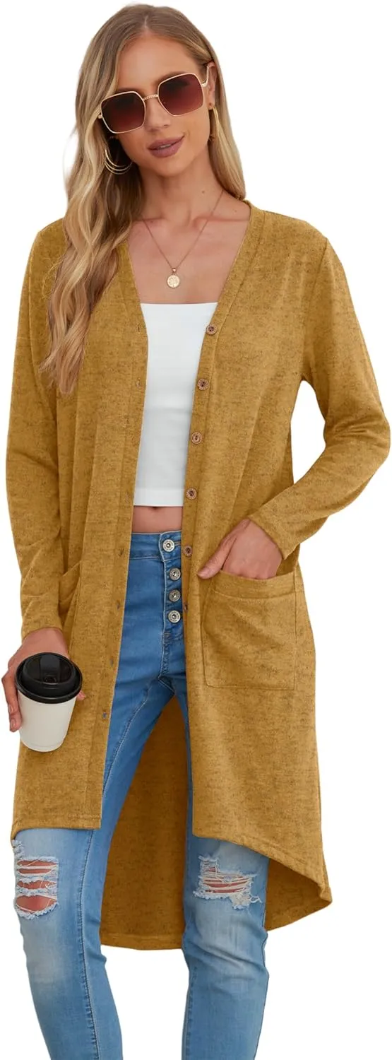 GRECERELLE Womens Cardigans Lightweight 2025 Long Sleeve Button Down Duster Casual Long Cardigan Outerwear with Pockets