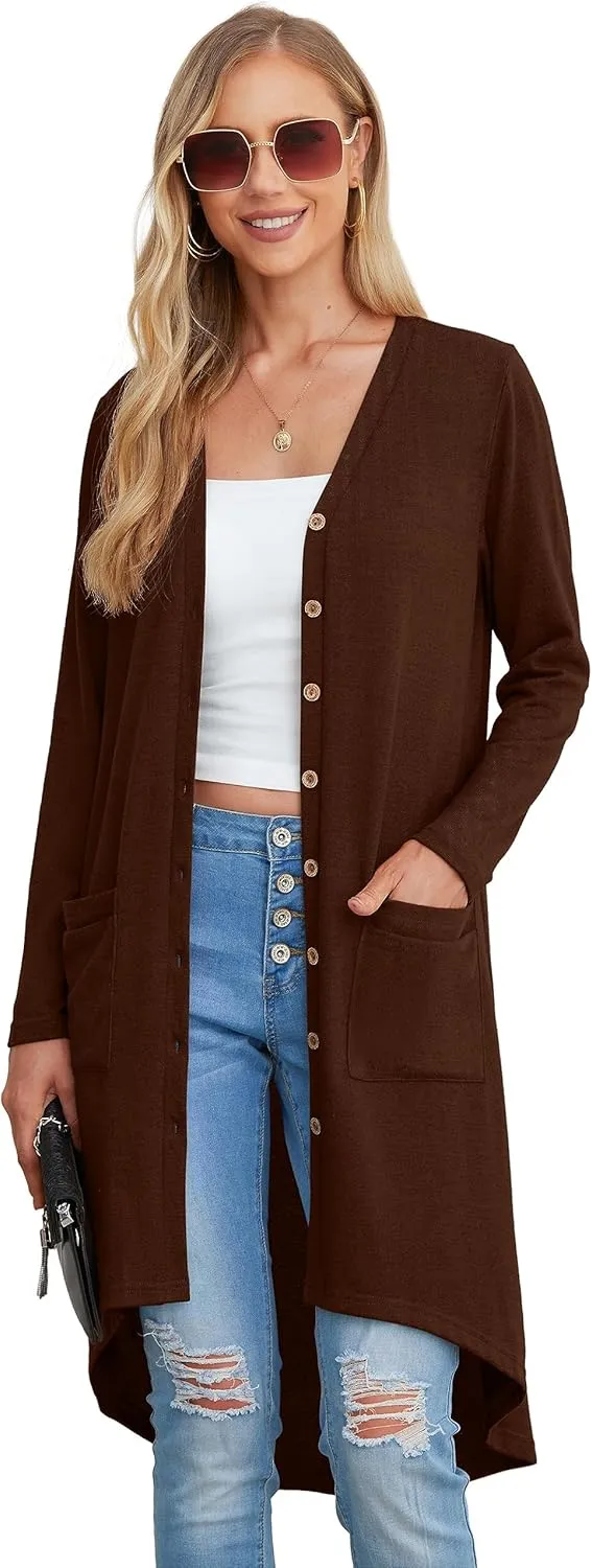 GRECERELLE Womens Cardigans Lightweight 2025 Long Sleeve Button Down Duster Casual Long Cardigan Outerwear with Pockets