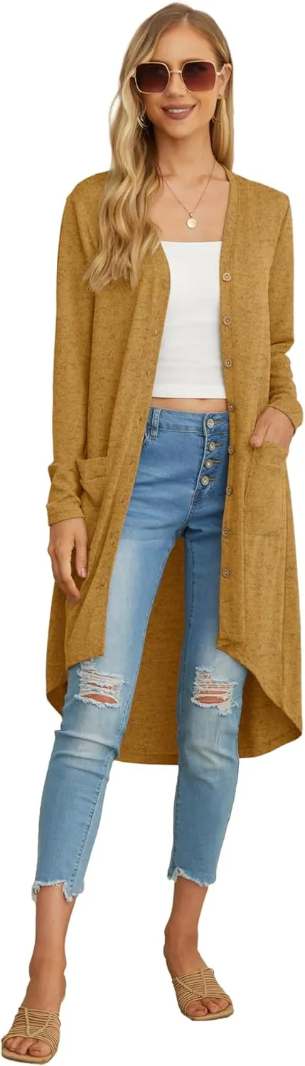 GRECERELLE Womens Cardigans Lightweight 2025 Long Sleeve Button Down Duster Casual Long Cardigan Outerwear with Pockets