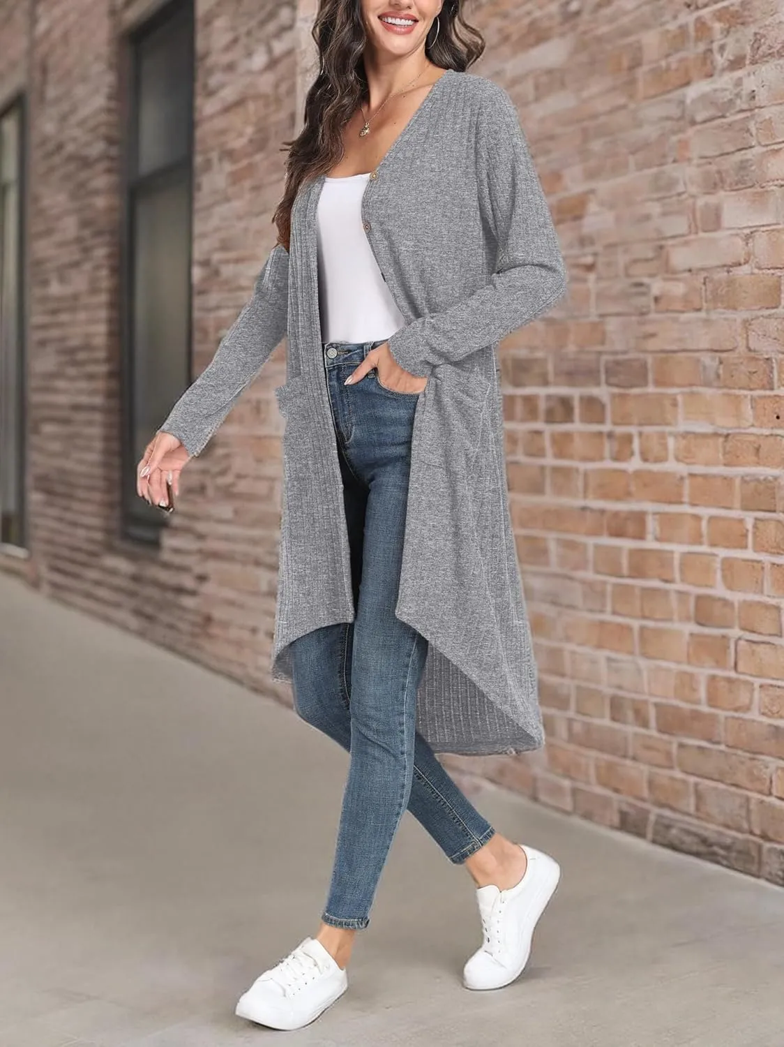 GRECERELLE Womens Cardigans Lightweight 2025 Long Sleeve Button Down Duster Casual Long Cardigan Outerwear with Pockets