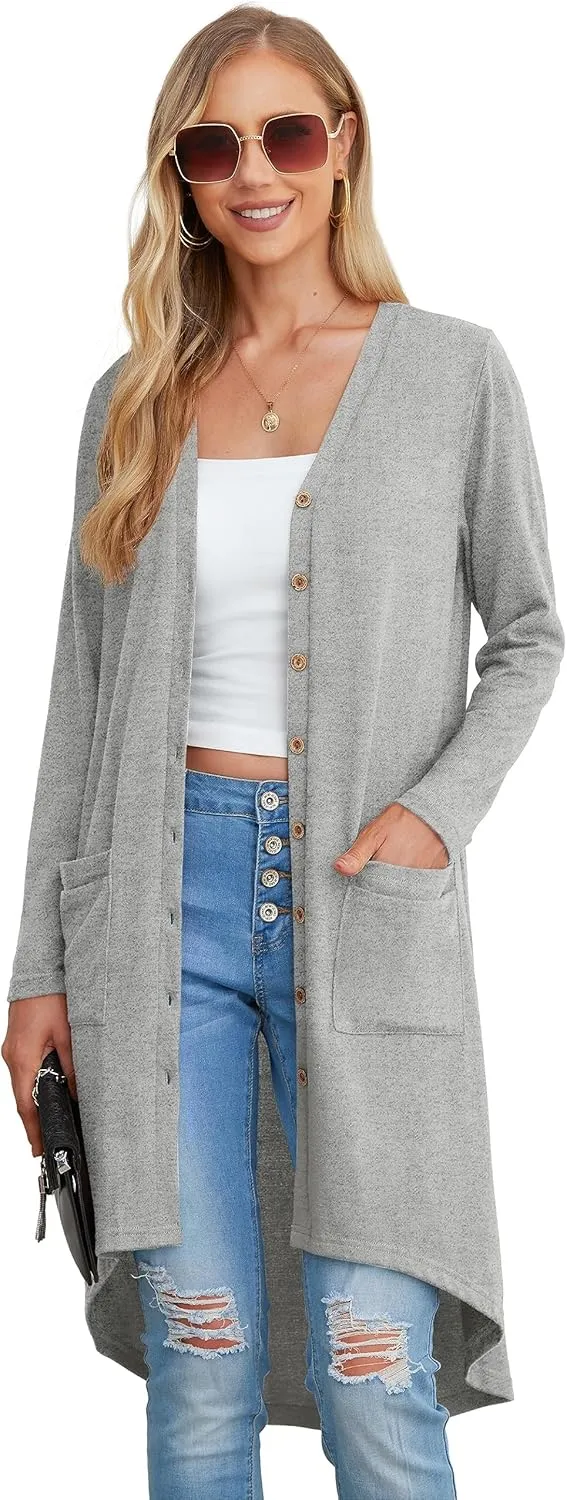 GRECERELLE Womens Cardigans Lightweight 2025 Long Sleeve Button Down Duster Casual Long Cardigan Outerwear with Pockets
