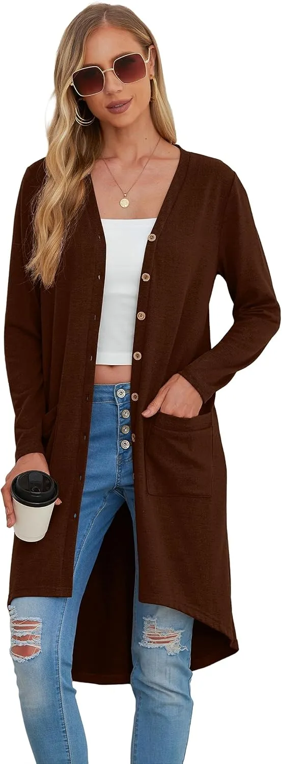 GRECERELLE Womens Cardigans Lightweight 2025 Long Sleeve Button Down Duster Casual Long Cardigan Outerwear with Pockets