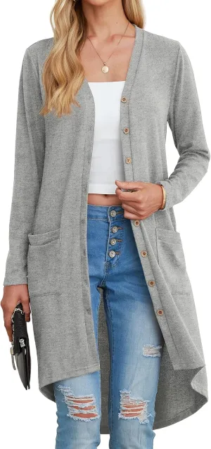 GRECERELLE Womens Cardigans Lightweight 2025 Long Sleeve Button Down Duster Casual Long Cardigan Outerwear with Pockets
