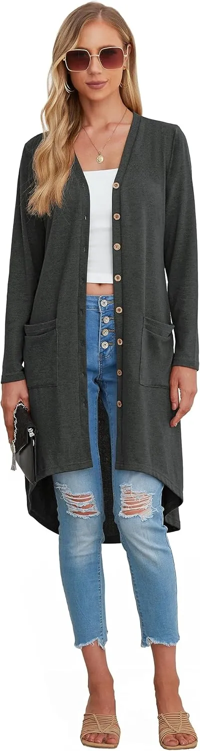 GRECERELLE Womens Cardigans Lightweight 2025 Long Sleeve Button Down Duster Casual Long Cardigan Outerwear with Pockets