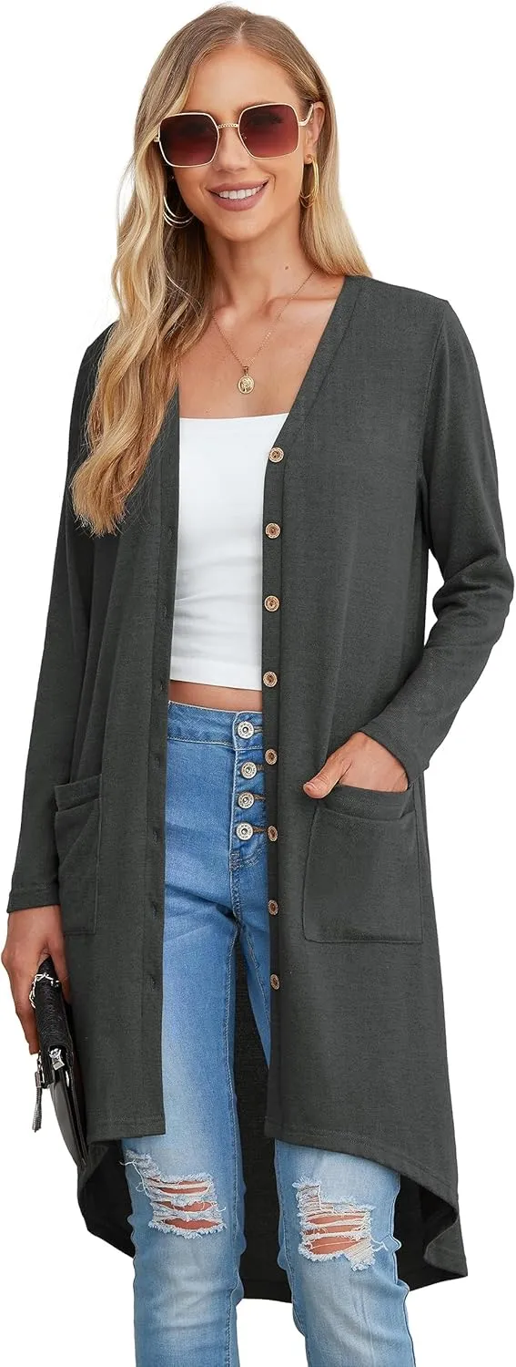 GRECERELLE Womens Cardigans Lightweight 2025 Long Sleeve Button Down Duster Casual Long Cardigan Outerwear with Pockets