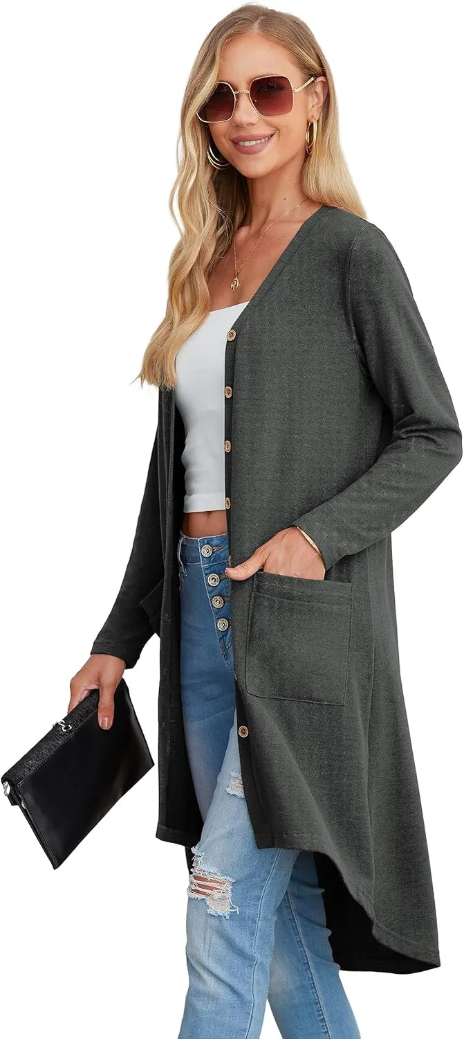 GRECERELLE Womens Cardigans Lightweight 2025 Long Sleeve Button Down Duster Casual Long Cardigan Outerwear with Pockets
