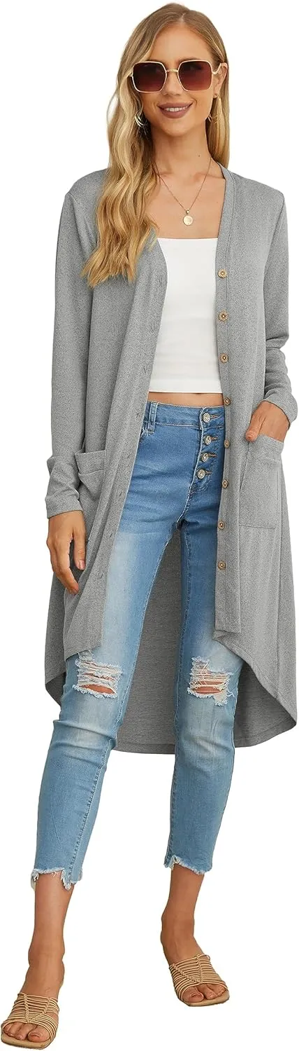 GRECERELLE Womens Cardigans Lightweight 2025 Long Sleeve Button Down Duster Casual Long Cardigan Outerwear with Pockets