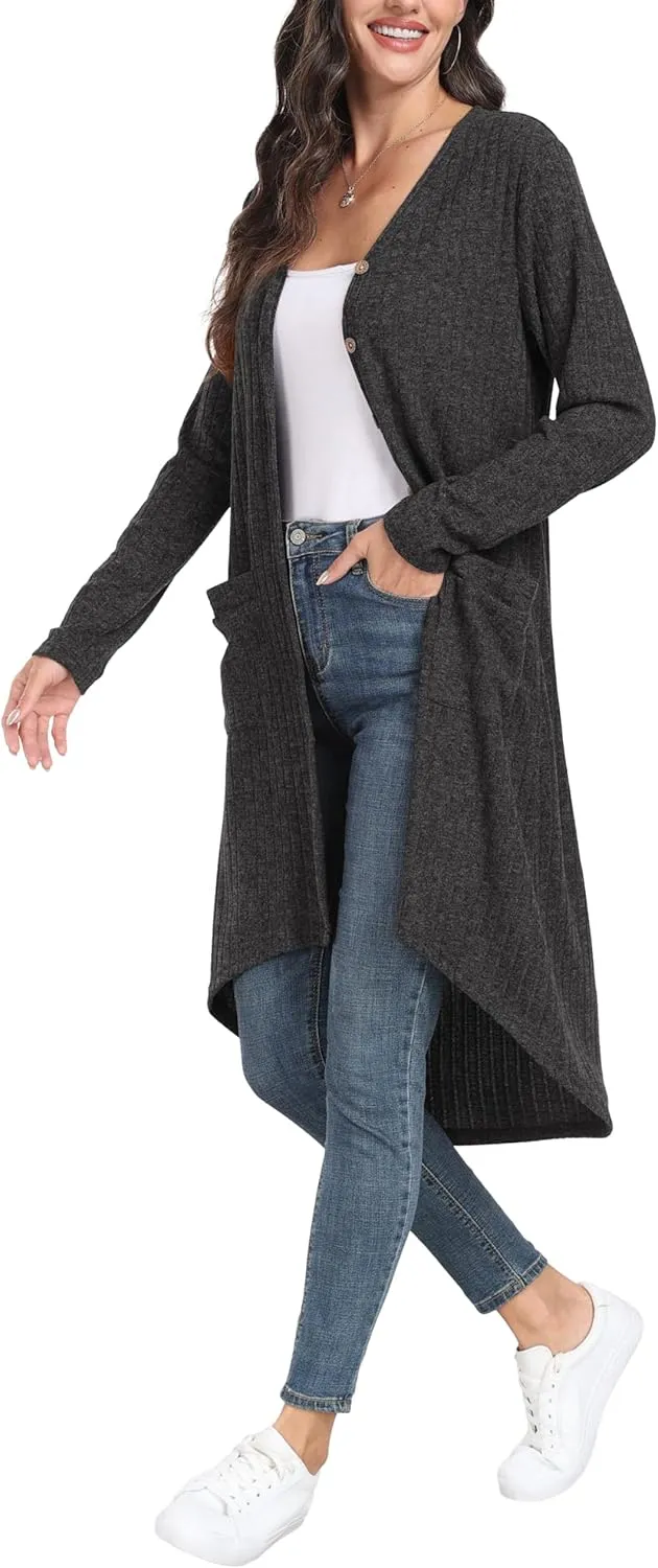 GRECERELLE Womens Cardigans Lightweight 2025 Long Sleeve Button Down Duster Casual Long Cardigan Outerwear with Pockets