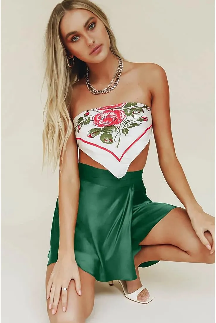 Green Satin Skirt Costume Boho High Waisted Silk Flowy Wrap Skater Skirts with Slit Beach Swimsuit Cover Up