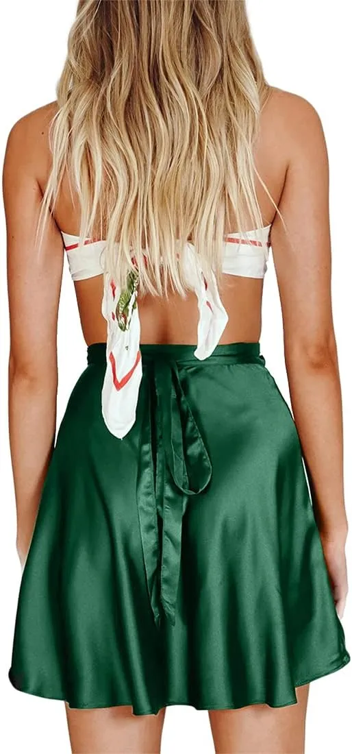 Green Satin Skirt Costume Boho High Waisted Silk Flowy Wrap Skater Skirts with Slit Beach Swimsuit Cover Up