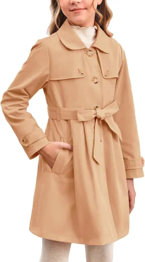 Haloumoning Girls Single Breasted Trench Coat Kids Lapel Long Sleeve Tie Belt Outerwear with Pockets