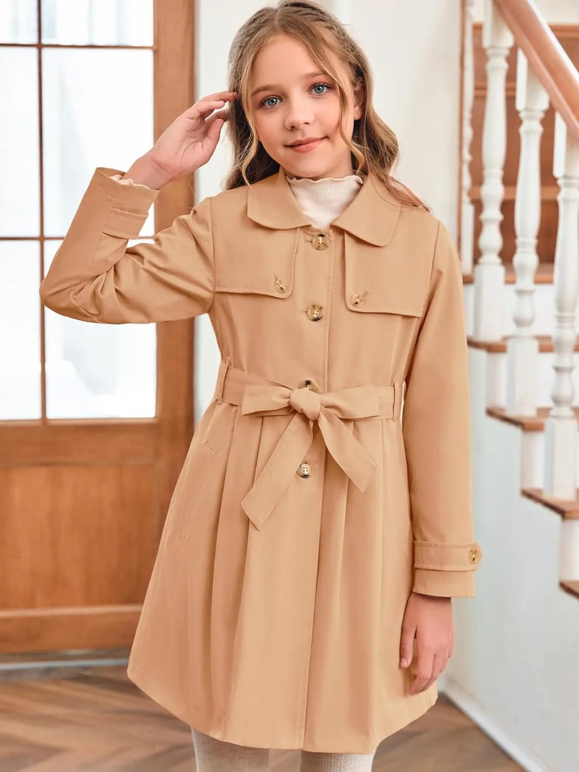 Haloumoning Girls Single Breasted Trench Coat Kids Lapel Long Sleeve Tie Belt Outerwear with Pockets
