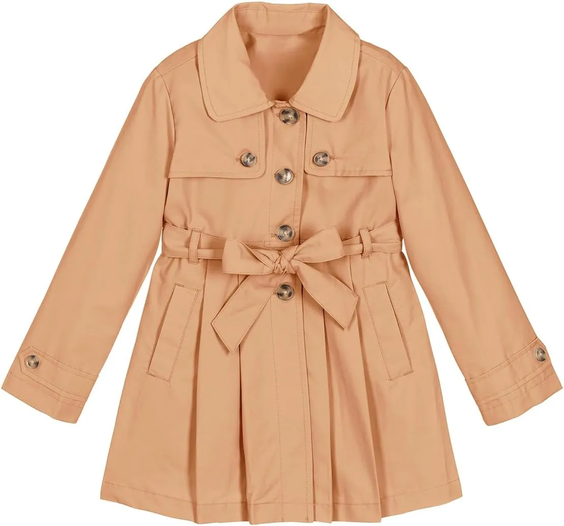 Haloumoning Girls Single Breasted Trench Coat Kids Lapel Long Sleeve Tie Belt Outerwear with Pockets