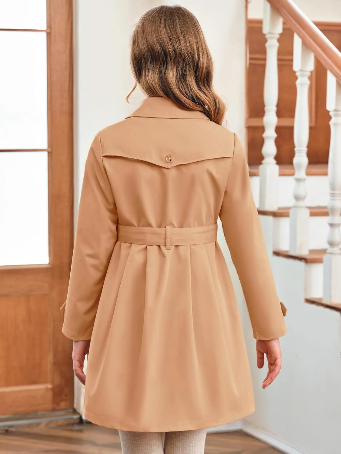 Haloumoning Girls Single Breasted Trench Coat Kids Lapel Long Sleeve Tie Belt Outerwear with Pockets