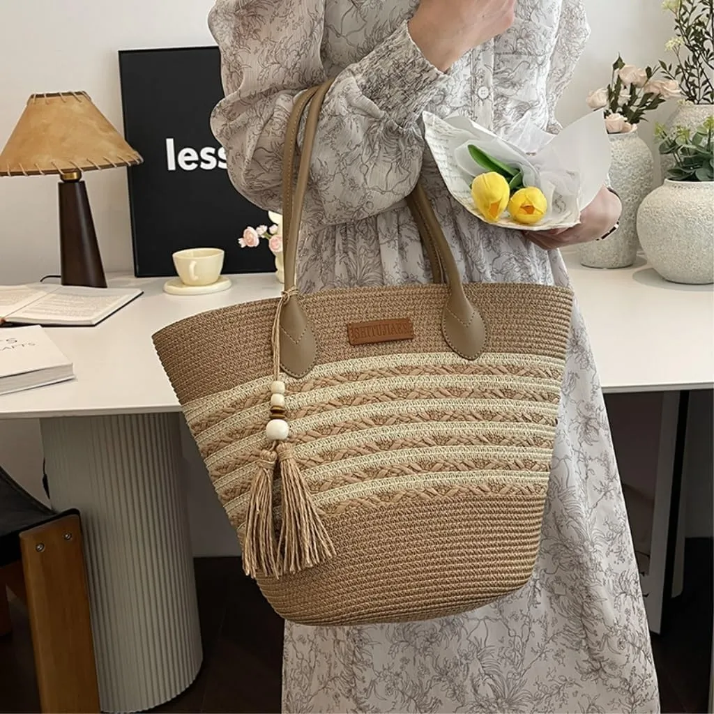 Handbag Straw Bag Women Summer Versatile 2024 New Shoulder Tote Bag Seaside Holiday Beach Bag Straw Bags(Brown)