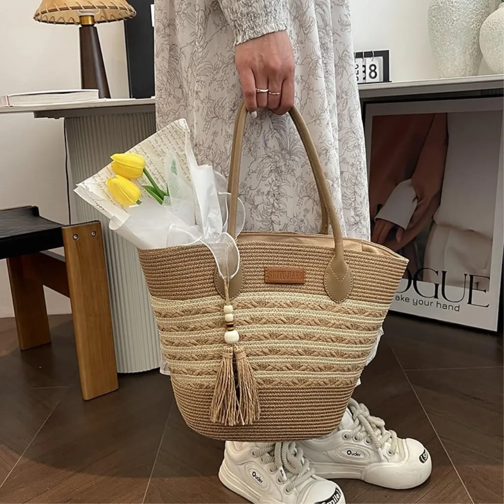 Handbag Straw Bag Women Summer Versatile 2024 New Shoulder Tote Bag Seaside Holiday Beach Bag Straw Bags(Brown)