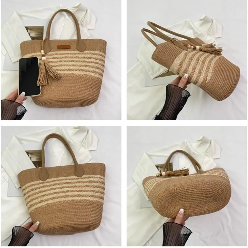 Handbag Straw Bag Women Summer Versatile 2024 New Shoulder Tote Bag Seaside Holiday Beach Bag Straw Bags(Brown)
