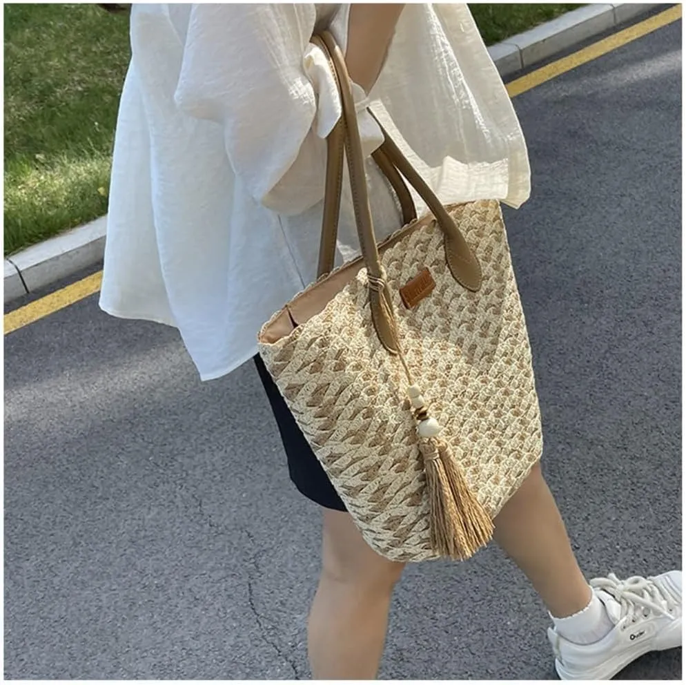 Handbag Straw Bag Women Summer Versatile 2024 New Shoulder Tote Bag Seaside Holiday Beach Bag Straw Bags(Brown)