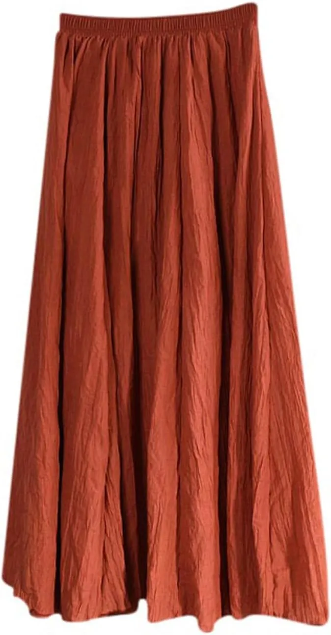 HGps8w Cotton Linen Maxi Skirt for Women - Casual Comfy Elastic Waiste Versatile Solid Color Ankle Length Skirts