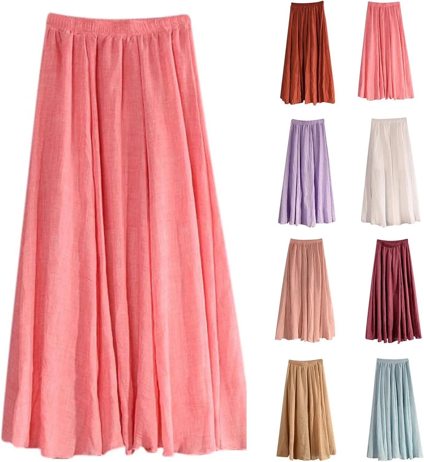 HGps8w Cotton Linen Maxi Skirt for Women - Casual Comfy Elastic Waiste Versatile Solid Color Ankle Length Skirts