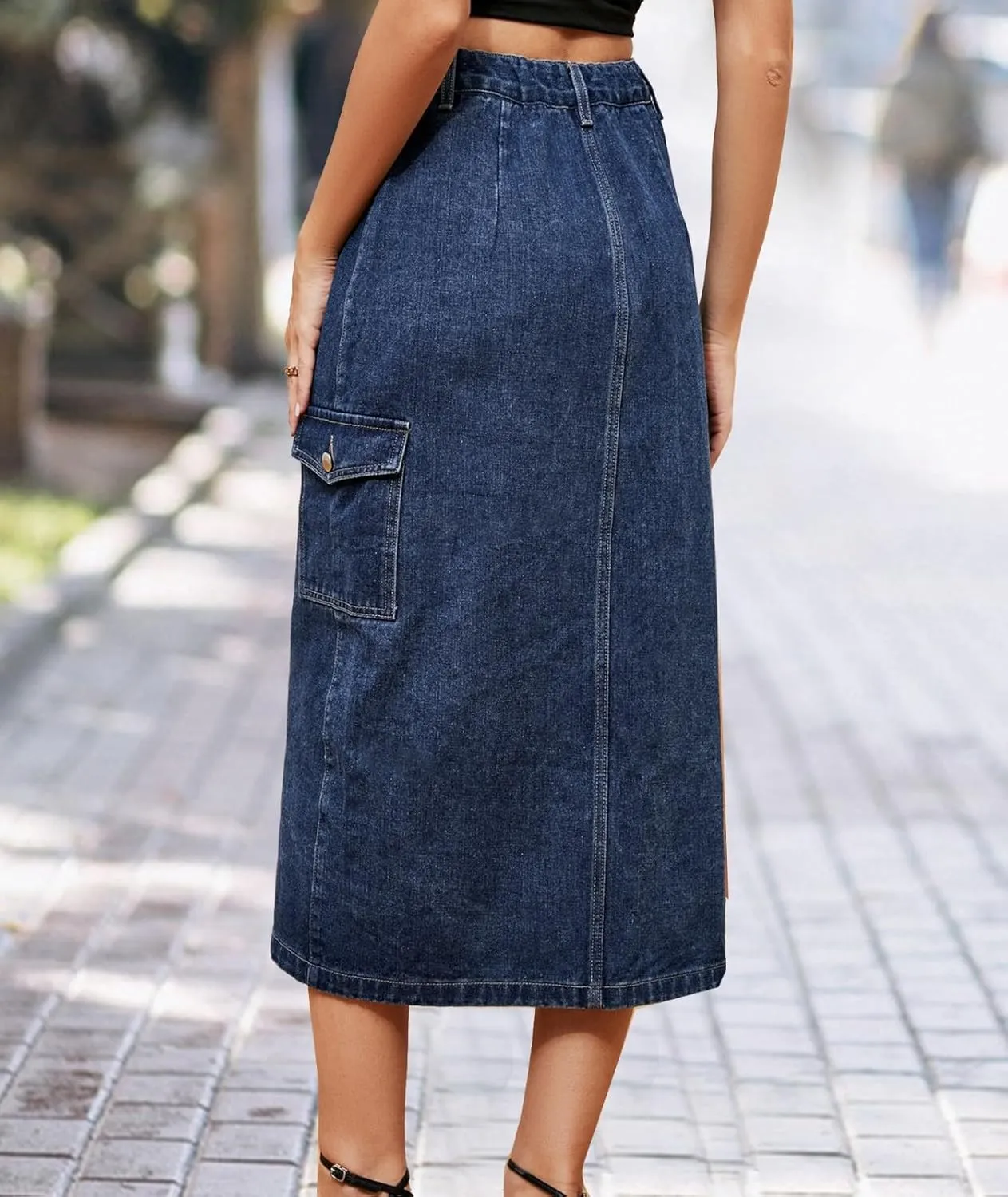 High Waisted Split Jean Skirt for Women Button Front Pencil Denim Midi Skirt