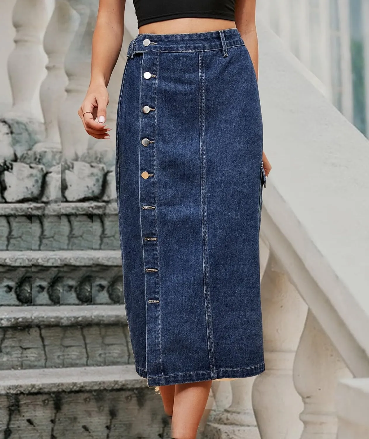 High Waisted Split Jean Skirt for Women Button Front Pencil Denim Midi Skirt