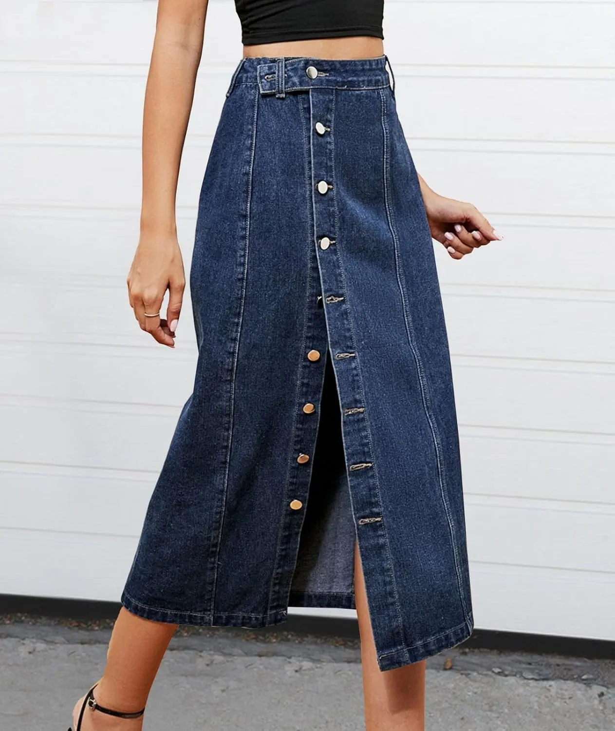 High Waisted Split Jean Skirt for Women Button Front Pencil Denim Midi Skirt