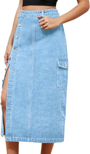 High Waisted Split Jean Skirt for Women Button Front Pencil Denim Midi Skirt