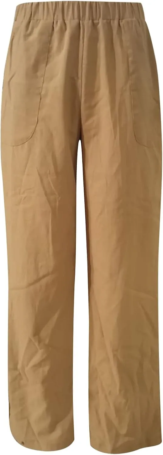 High Waisted Wide Leg Pants for Women Casual Drawstring Elastic Trousers with Pockets Cotton Linen Long Pants in 2025