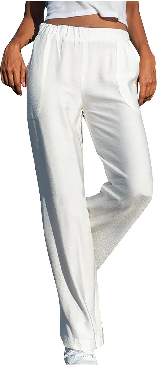 High Waisted Wide Leg Pants for Women Casual Drawstring Elastic Trousers with Pockets Cotton Linen Long Pants in 2025