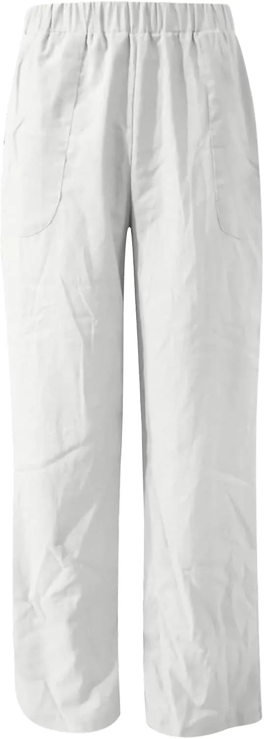 High Waisted Wide Leg Pants for Women Casual Drawstring Elastic Trousers with Pockets Cotton Linen Long Pants in 2025
