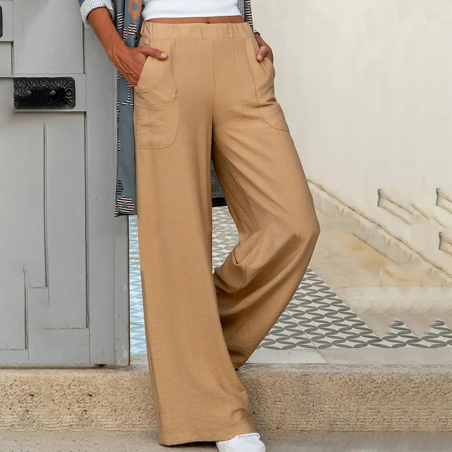 High Waisted Wide Leg Pants for Women Casual Drawstring Elastic Trousers with Pockets Cotton Linen Long Pants in 2025